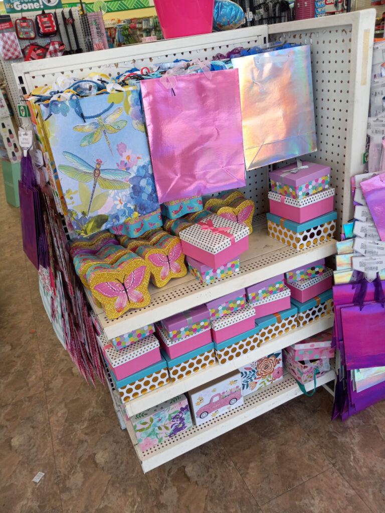 Voila gift bags and gift boxes inside Dollar Tree